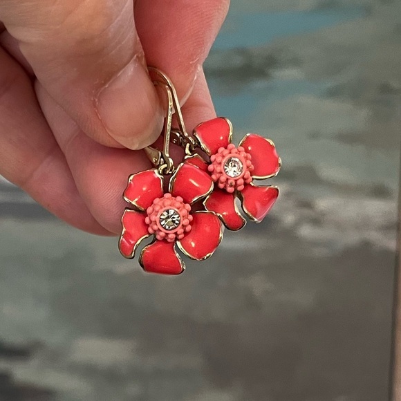 Coral Orange Enamel Floral Drop Earrings Gold Tone - Picture 4 of 12